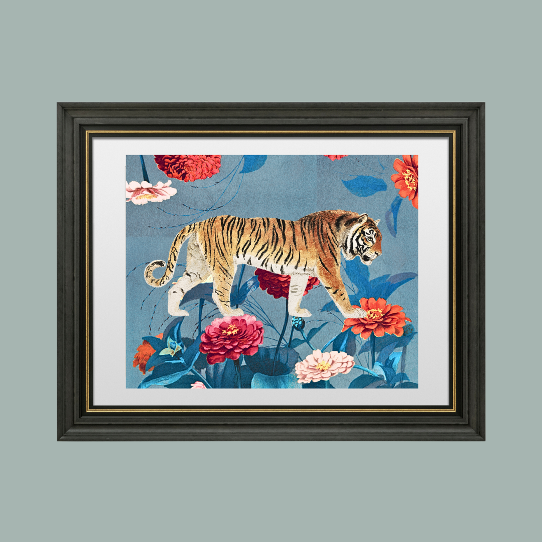 Tiger Walking on Flowers Art Print