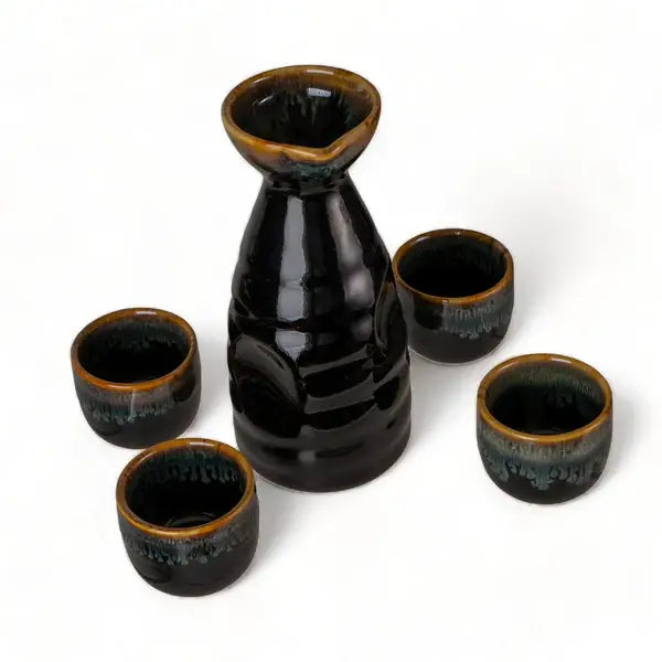 Brown and Black Glazed 10oz Sake Bottle and 4 Cups Gift Set