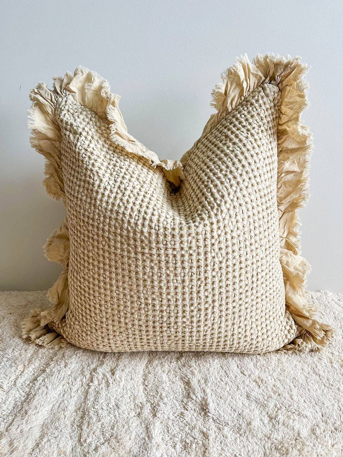 Organic Cotton Waffle Ruffle Cushion with Insert included - Natural