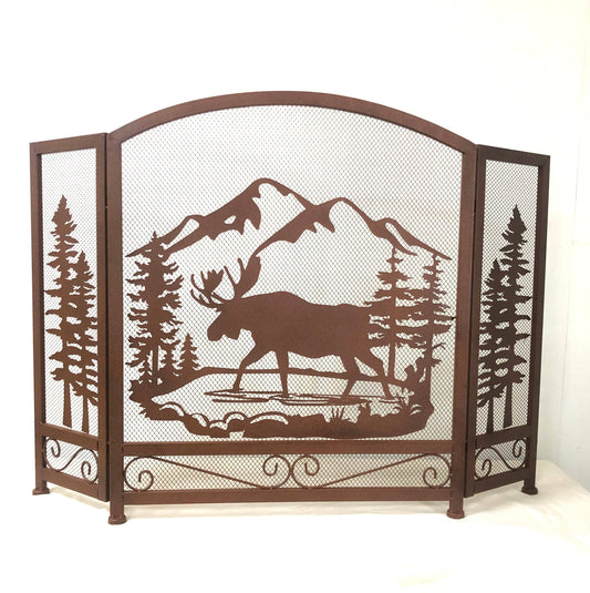 Moose Country Forest Brown Metal Decorative Fireplace Screen