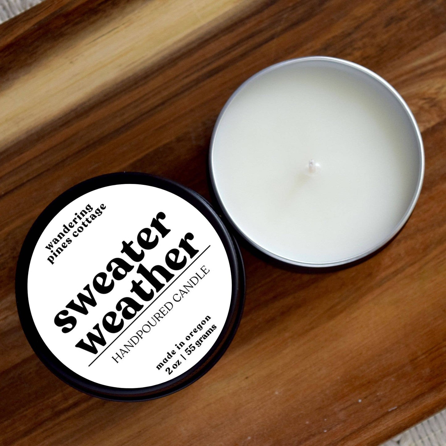 Sweater Weather - 2 oz Black Tin Travel Candle, Fall Candle