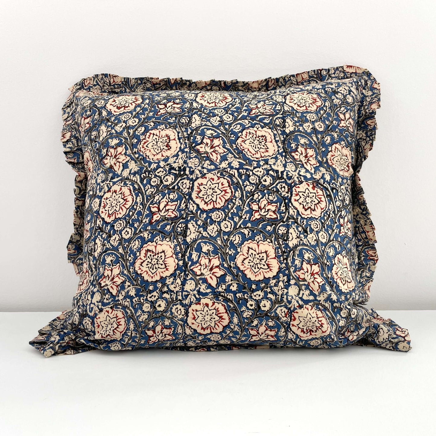 18x18 cotton blue vintage floral ruffled pillow