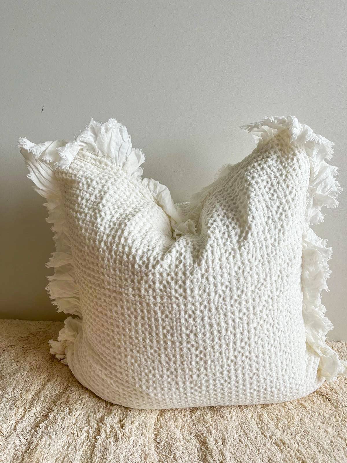 Organic Cotton Waffle Ruffle Cushion Cover  with insert included White