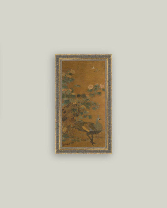 Peacock and Hollyhocks Framed Antique Art